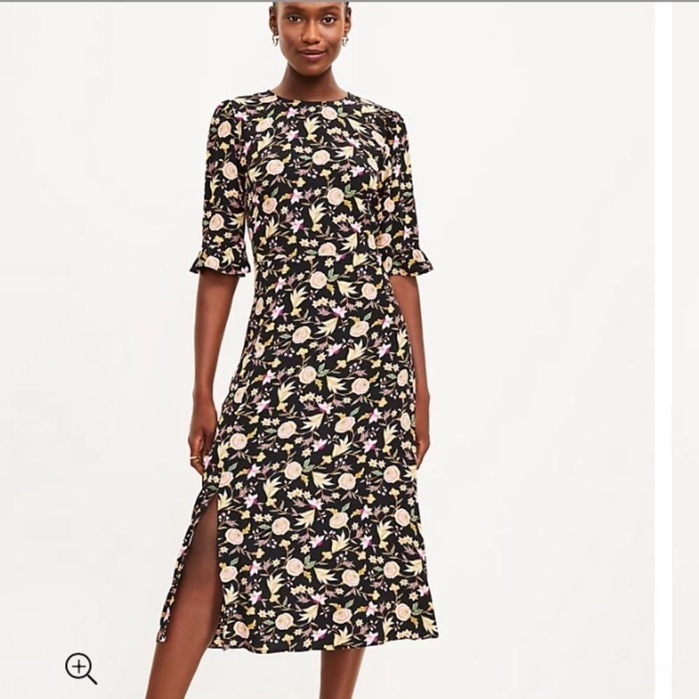 Loft Floral Ruffle Sleeve Midi Dress Size 14 black romantic classic bohemian